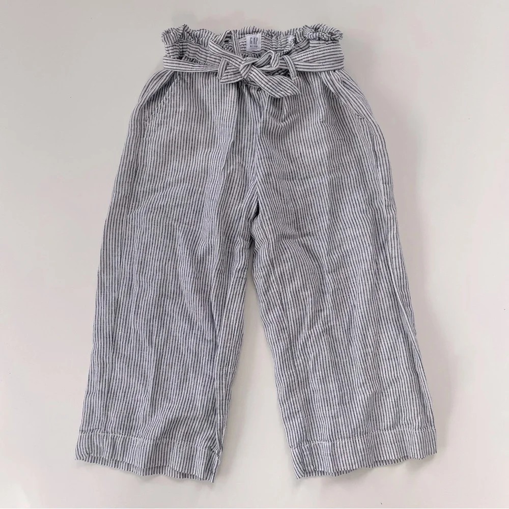 GAP Kids Girls White Gray Striped Linen Blend Paper Bag Cropped Pants MEDIUM